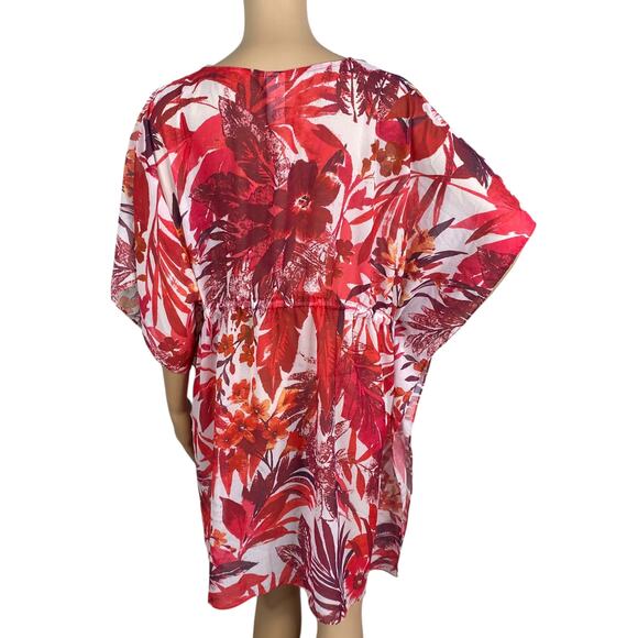 Profile by Gottex Escape In Bali Red Floral Sheer Caftan Cover Up SZ M - Picture 10 of 12